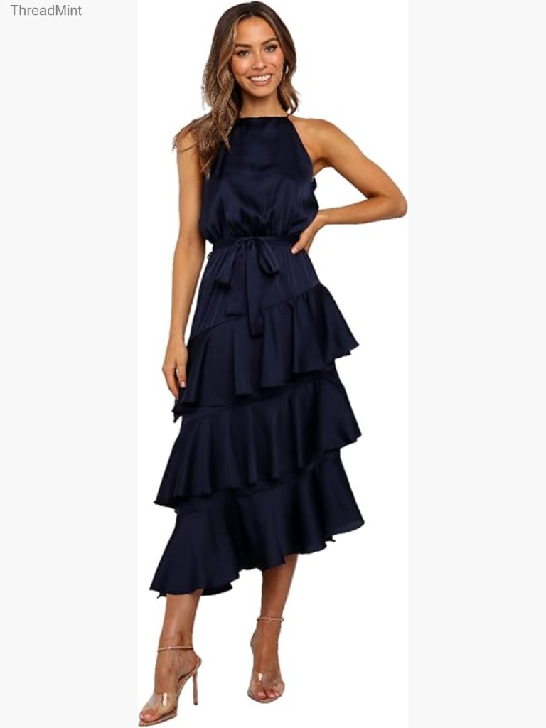 Midi Dress With Detachable Waist Tie, Tiered Ruffle Skirt, Halter Neck